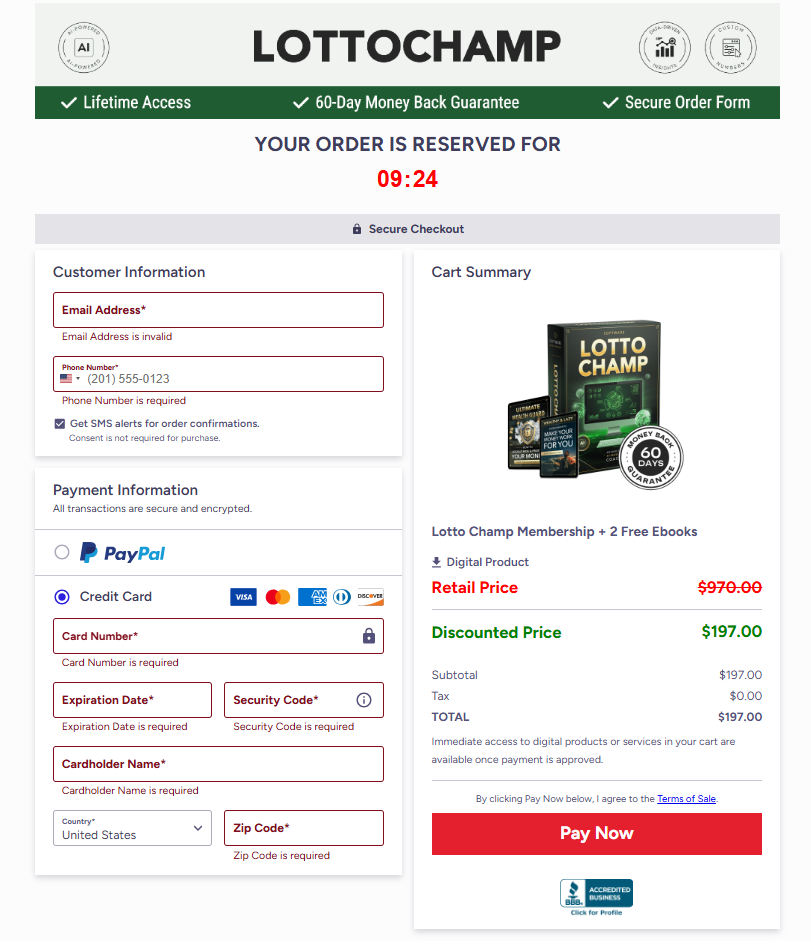 Secure LottoChamp checkout page with encrypted payment protection